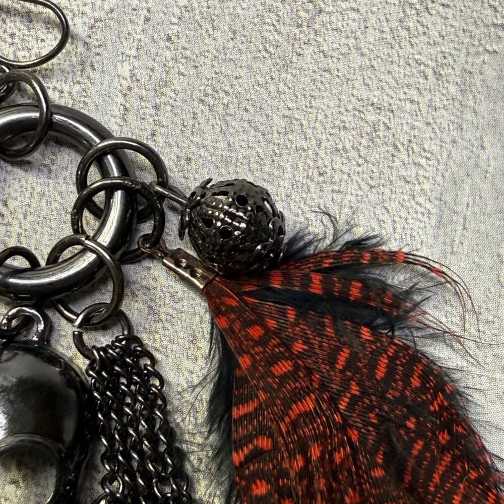 Gothic Skull Dangle Earrings Chain Red Feathers Crystal Accent Boho Punk Jewelry - Picture 10 of 16